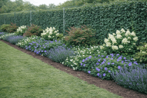 Mooie rustgevende border langs een Hederahaag