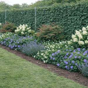 Mooie rustgevende border langs een Hederahaag