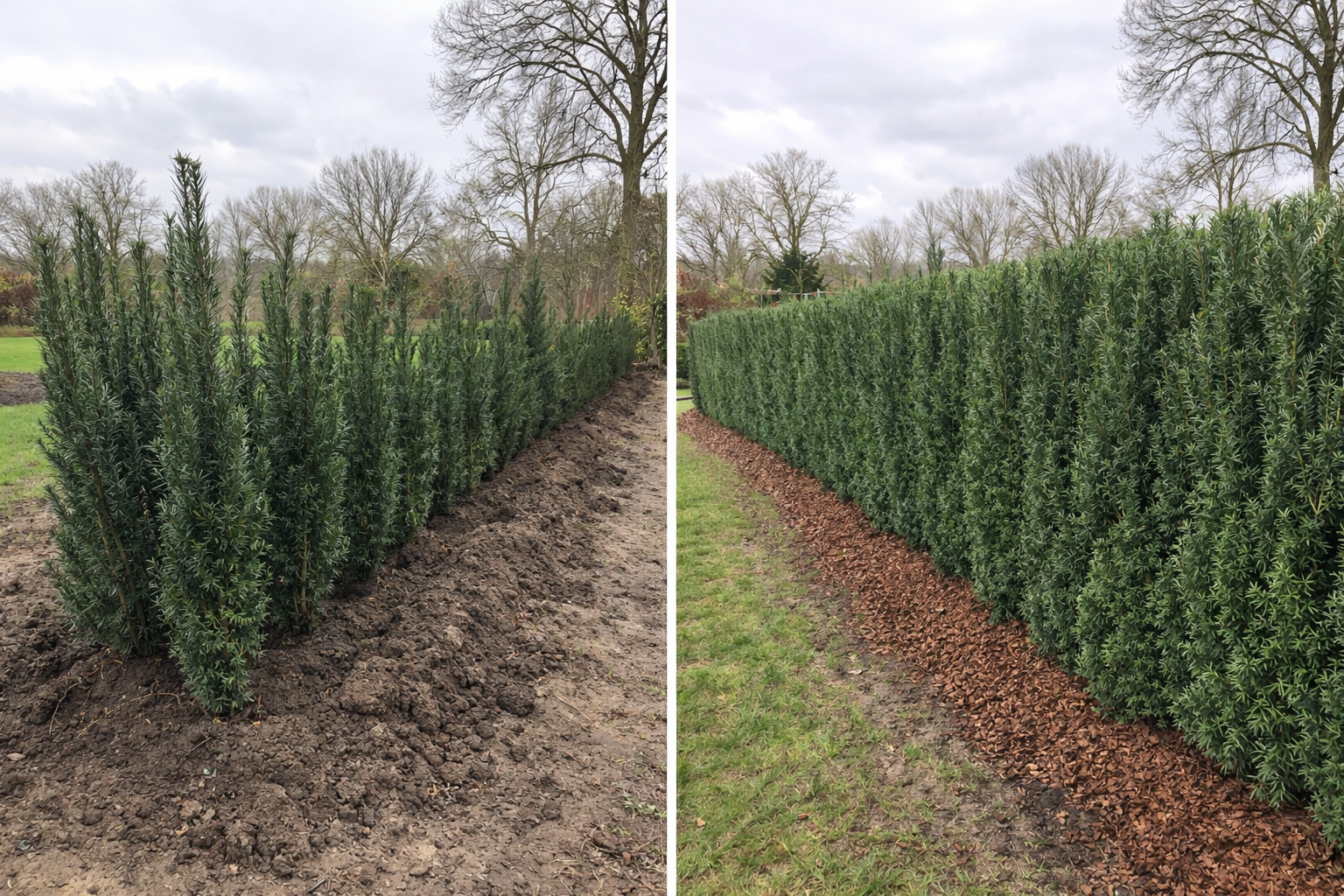 Taxus baccata Höpken’s Gigant , links net aangeplant, rechts na 1 jaar
